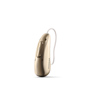 Phonak Infinio Ultra hearing aid in a gold metallic finish.